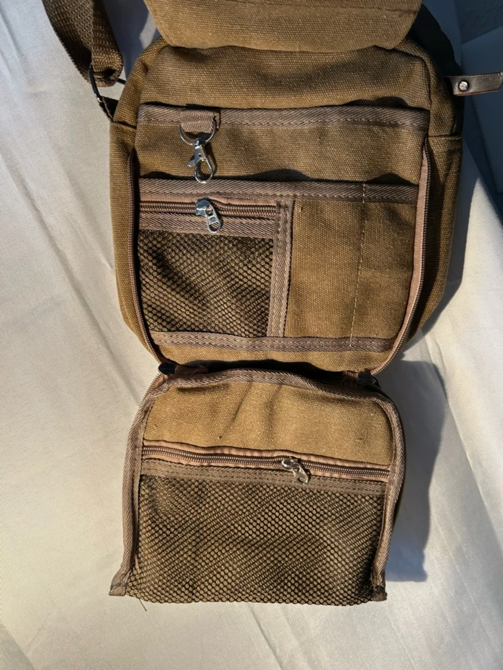 Canvas Crossbody Khaki Bag for Men compact size of approximately 9”x9”